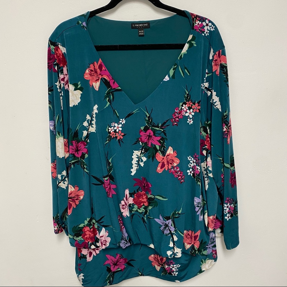 Plus size teal floral print V-neck long sleeved blouse 26/28